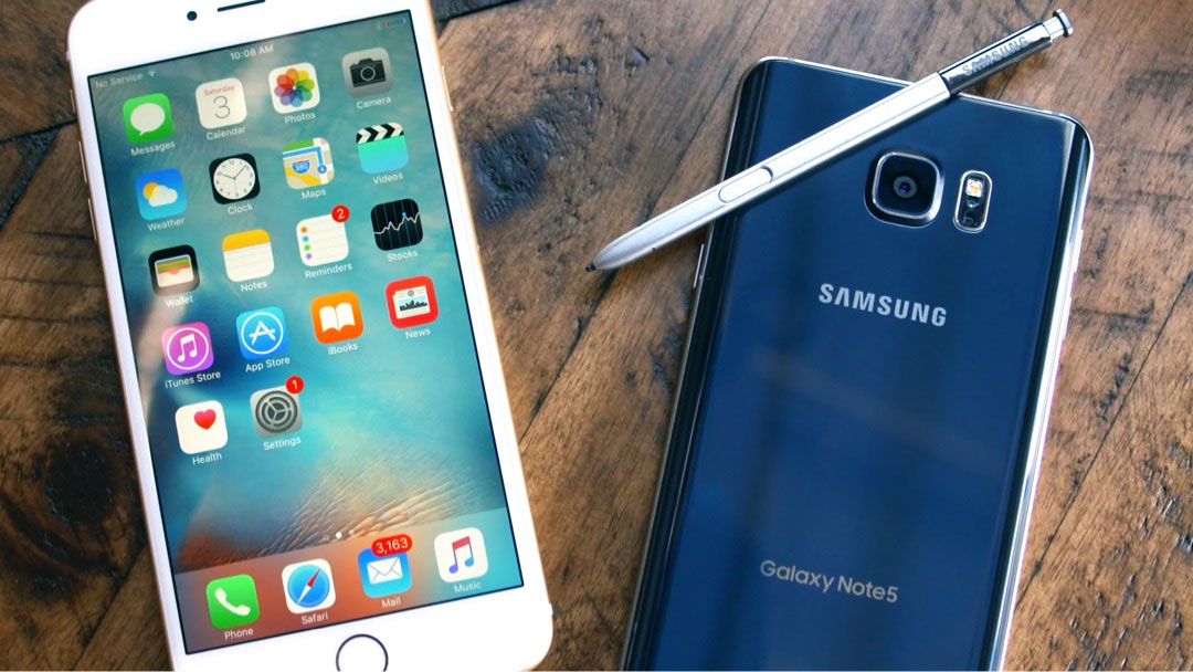 an iPhone and a Samsung Galaxy, side-by-side